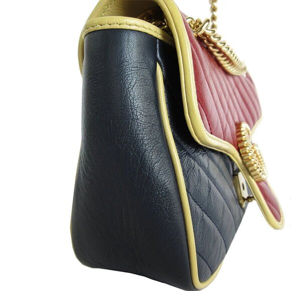 Auth GUCCI GG MarmontShoulder Bag Burgundy/Navy/Gold leather/metal s0033g - Picture 4 of 12